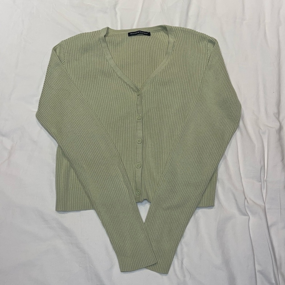 Brandy Melville Light/Sage Green Ribbed Cropped Cardigan Sweater Shirt
